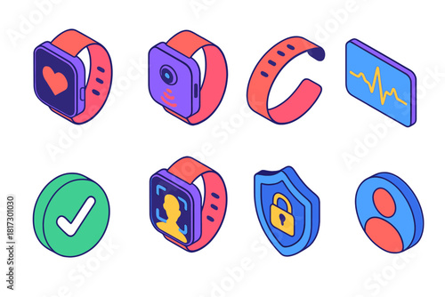 Biometric Authentication Icons. Isometric vector illustration set Biometric authentication – smartwatch heart sensor, dorsal
