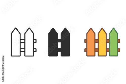 Minimalist Picket Fence Icons. Minimalist picket fence icon: three identical picket fences in a row, first in line style with thin