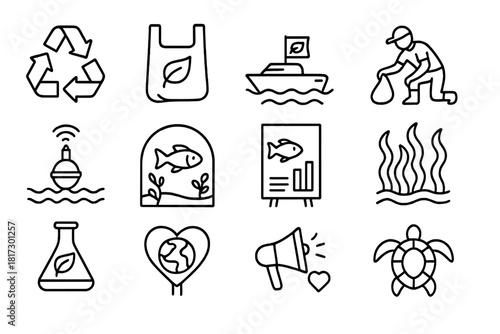 Sustainable Ocean Icons. Line style icons of Sustainable Ocean Practices: recycling symbol, biodegradable bag, eco-boat, cleanup