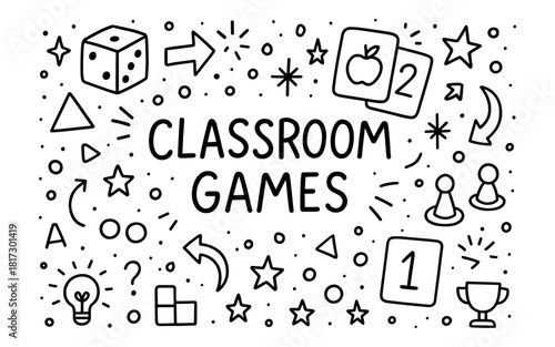 Classroom games doodle art with symbols and icons for fun learning