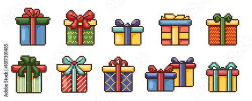 Pixel Gift box game icon vector set. Retro computer 8 bit pixelated present holiday elements