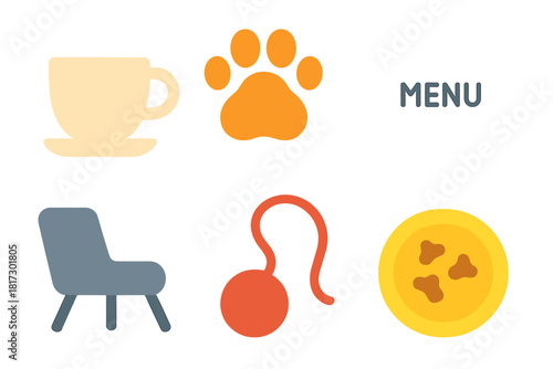 Menu with a cup, a chair, a pizza, a cat, a dog, and a bowl