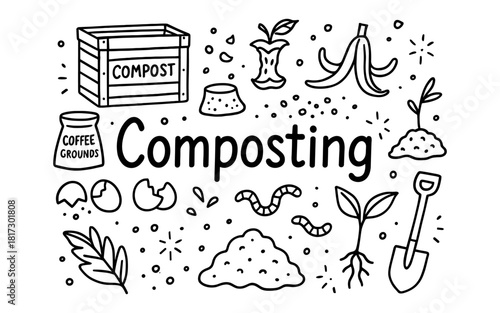 Composting elements doodle with organic waste and tools in black and white