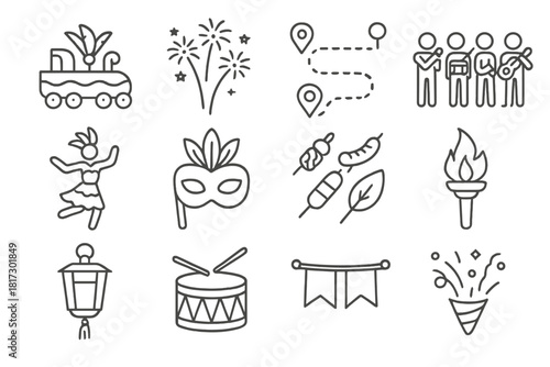 Global Festivities Icons. Line style icons of Global Festivities: carnival float, fireworks, parade route, music band; cultural