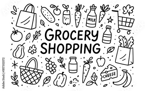 Simple doodle style grocery shopping elements with food icons
