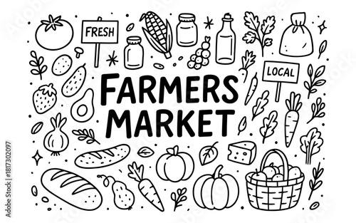 Hand drawn farmers market doodles with fresh produce and local goods