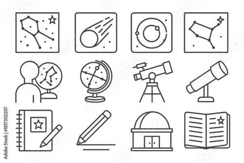 Astronomy Icons Set. Line style icons of Observational Astronomy: star chart, comet diagram, planet model, constellation map;