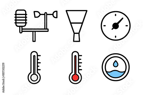 Meteorology Tools Icons. Linear minimalistic meteorology tools icon: weather station, wind sensor, rainfall collector, barometer