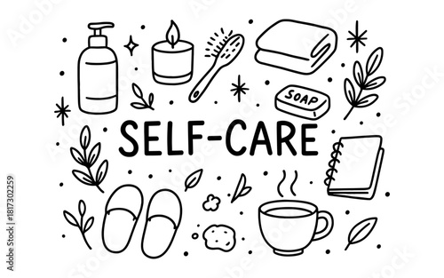 Self care doodle art featuring relaxing elements and skincare essentials