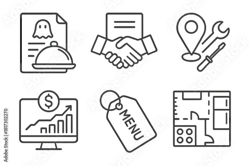 Franchise Licensing Icons. Line style icons of franchise or licensing: ghost kitchen license doc, virtual brand agreement,
