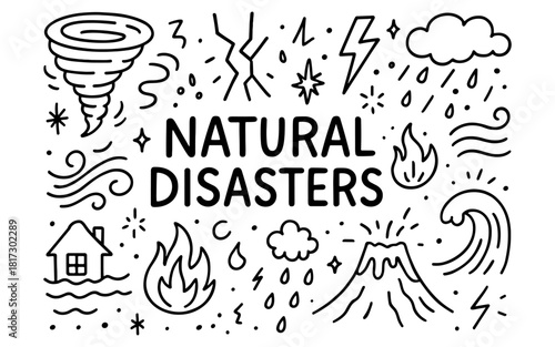 Hand drawn doodle set of natural disasters with tornado, earthquake, and volcano symbols