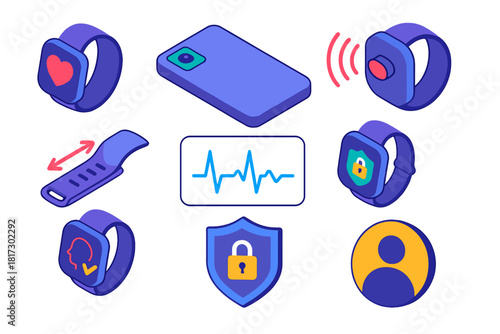 Biometric Authentication Icons. Isometric vector illustration set Biometric authentication – smartwatch heart sensor, dorsal