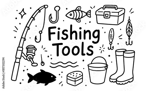 Monochrome fishing gear outline with rod, boots, and tackle box