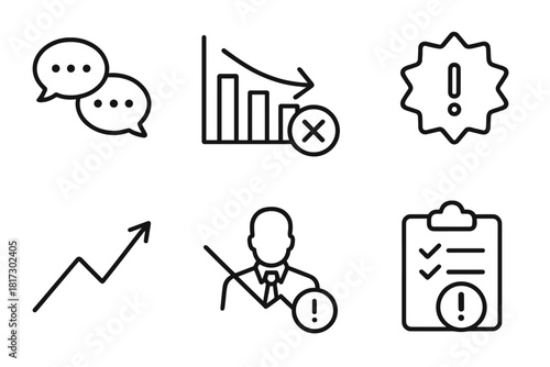 Systemic Risk Icons. Line style icons of systemic risk indicators: repeated complaints icon, unresolved case chart, audit alert