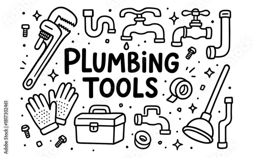 Hand-drawn plumbing tools: wrench, faucet, pipe, and more