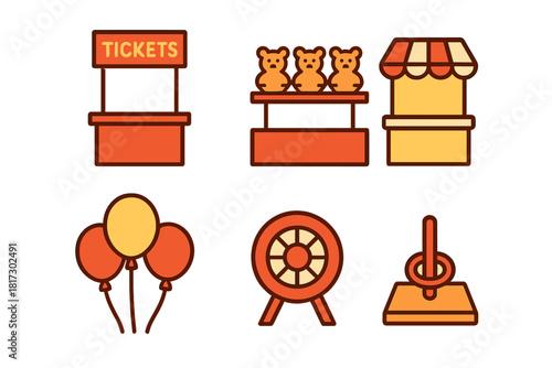 Amusement Park Icons. Linear minimalistic amusement park games icon: ticket counter, prize shelf, game kiosk, balloons, dartboard,