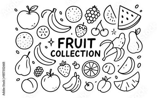 Black and white fruit doodles featuring diverse varieties in hand drawn style