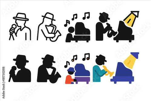 Minimalist Music Icons. Linear minimalistic performer icon: jazz singer, saxophone player, pianist, trumpet player, music notes,