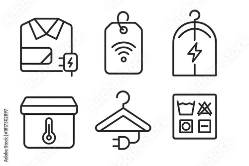 Smart Clothing Icons. Line style icons of smart clothing storage and care: folding with charger icon, smart laundry tag,