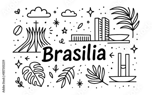 Minimalist brasilia landmarks and nature elements line art design