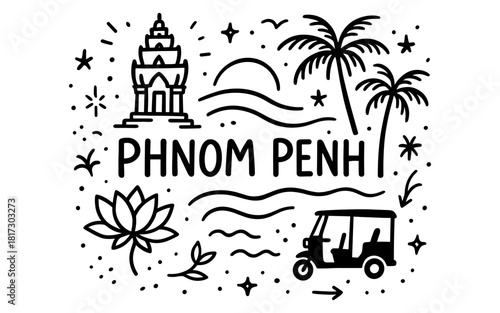 Phnom penh doodle with tuk tuk, pagoda, and palm trees in monochrome