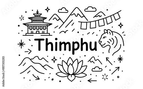 Thimphu outline: icons of bhutan's capital including mountains, temple, and tiger
