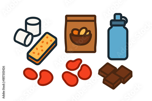 Campsite Snack Icons. Linear minimalistic campsite snacks icon: marshmallows, granola bar, trail mix bag, hydration bottle, dried
