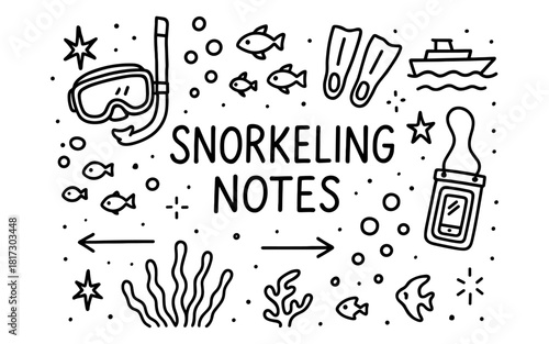 Snorkeling adventure doodle with marine life and diving gear