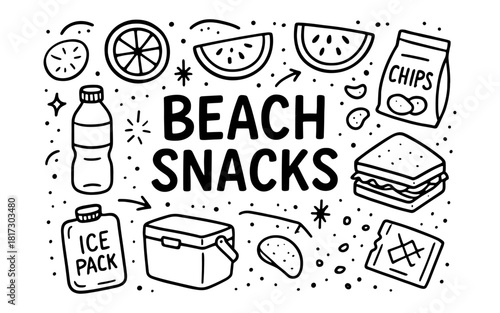 Beach snacks doodle art featuring summer treats and refreshments