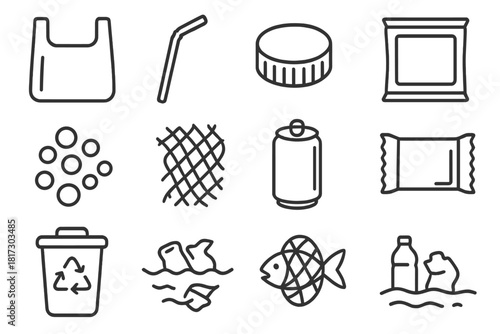 Plastic Waste Icons. Line style icons of Plastic Waste: single-use bag, straw, bottle cap, packaging; microbeads, net fragment,