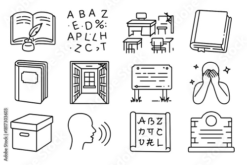 Endangered Language Icons. Line style icons of Language Death: old manuscript, fading letters, abandoned classroom, forgotten