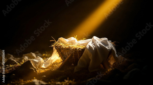 The holy manger in a nativity scene illuminated by a golden light from above. The birth of Jesus Christ and the Christian Christmas story concept
