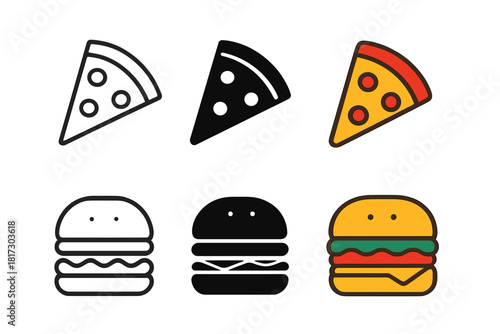 Minimalist Food Icons. Linear minimalistic pizza icon: pizza slice outline with small circles, uniform line thickness, no fill,