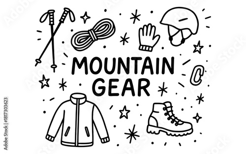 Essential mountain gear design with jacket, boots, and helmet in linear style