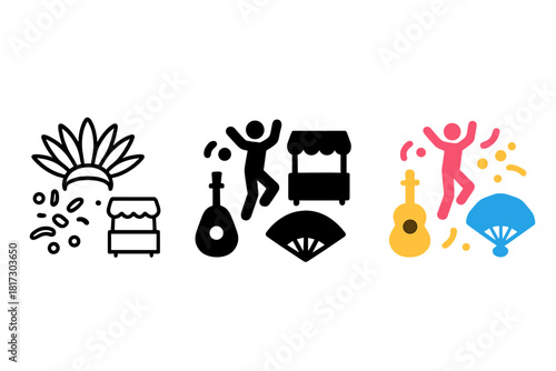 Festival Iconography Trio. Linear minimalistic festival icon: ceremonial headdress, dancing figure, street food stall, musical