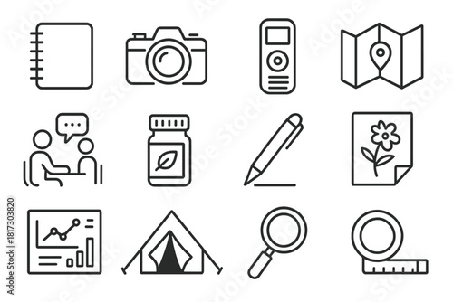 Anthropology Research Icons. Line style icons of Anthropological Research Tools: notebook, camera, audio recorder, map; interview