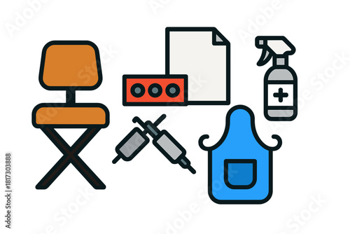 Tattoo Expo Icons. Linear minimalistic tattoo expo icon: artist chair, ink tray, stencil paper, disinfectant spray, tattoo machine