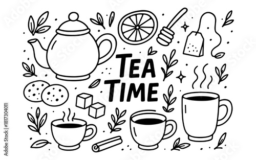 Tea time doodles: teapot, cups, and snacks in black and white hand drawn style