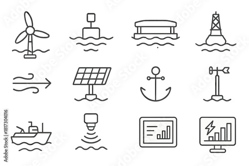 Renewable Ocean Research Icons. Line style icons of Renewable Oceans Research: tidal turbine, wave sensor, floating platform,