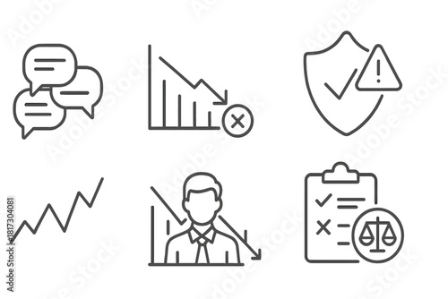 Systemic Risk Icons. Line style icons of systemic risk indicators: repeated complaints icon, unresolved case chart, audit alert