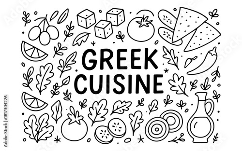 Greek cuisine outline with traditional ingredients and herbs