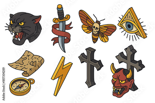 Tattoo Symbolism Icons. Isometric vector illustration set of Tattoo symbolism: panther head, dagger with ribbon, moth with skull