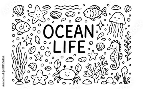 Underwater world doodle art featuring marine animals and ocean life elements