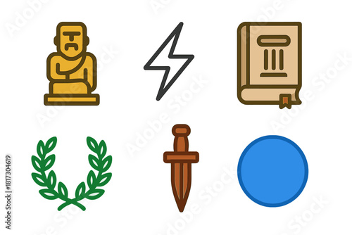 Ancient Legend Icons. Linear minimalistic ancient legend icon: god statue, lightning rod, sacred tome, laurel wreath, ritual