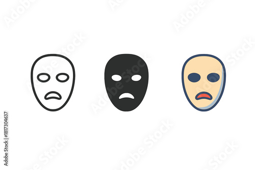 Minimalist Mask Trio. Minimalist creepy mask icon: three identical masks in a row, first in line style with thin outline, second