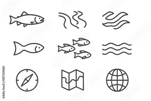 Fish Migration Icons. Line style icons of Fish Migration: Salmon, Trout, River, Stream; Fin, Tail, School, Wave; Compass, Map,