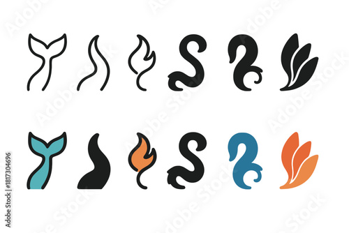 Legendary Tails Icons. Linear minimalistic legendary tails icon: mermaid tail, dragon tail, phoenix tail, chimera tail, griffin