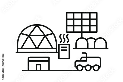 Mars Colony Icons. Linear minimalistic Mars colony icon: living dome, air filter unit, habitat grid, solar array, supply depot,