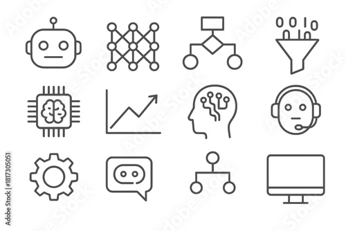 AI Adoption Icons. Line style icons of AI Adoption: robot head, neural network, algorithm chart, data stream; machine learning