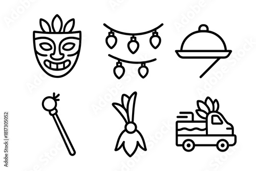 Cultural Event Icons. Linear minimalistic cultural event icon: folk mask, string lights, food tray, ceremonial stick, costume